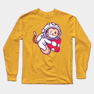 Cute Astronaut Monkey Floating With Mushroom Cartoon Long Sleeve T-Shirt